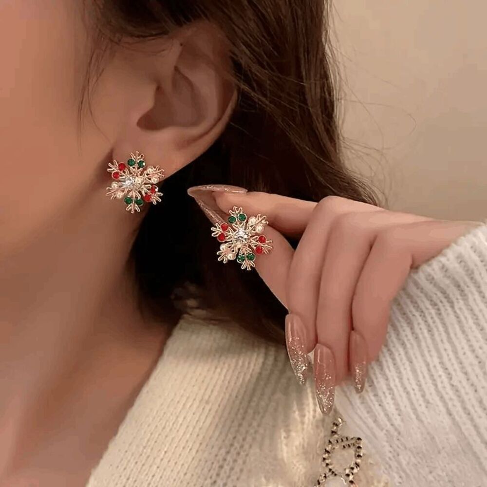 Festive Snowflake Pearl Ruby Emerald Stud Earrings